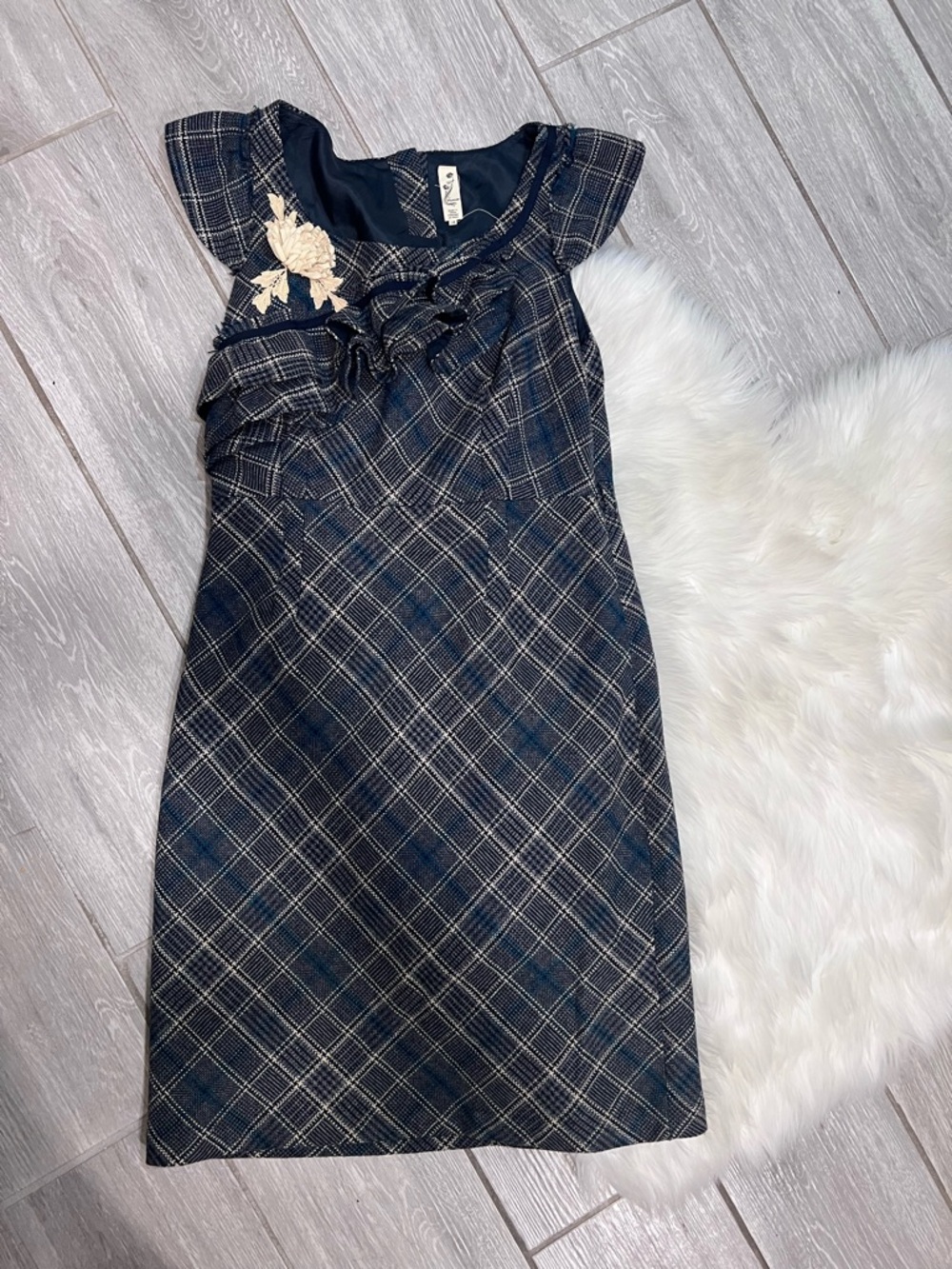 Floreat Navy Plaid Dress with Cream Floral Appliqué